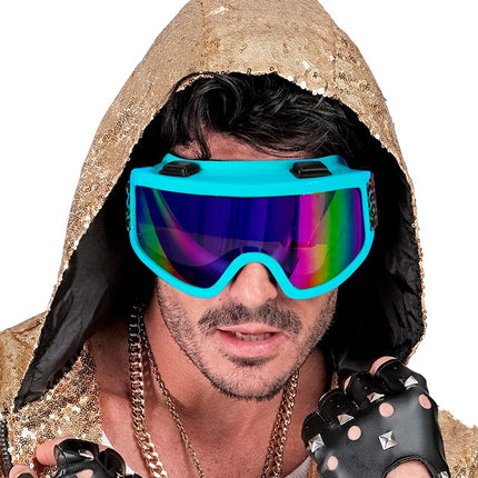 Ski Bril 80s Blauw Regenboog Luipaardprint