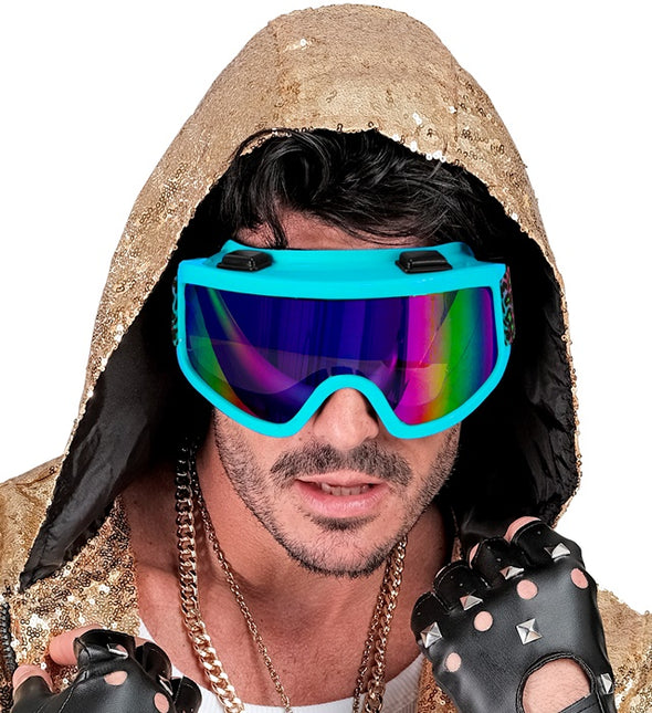 Ski Bril 80s Blauw Regenboog Luipaardprint