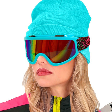 Ski Bril 80s Blauw Regenboog Luipaardprint