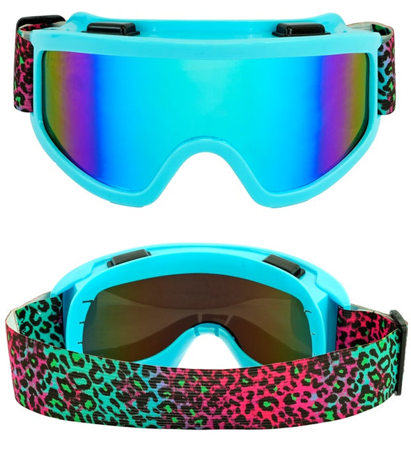 Ski Bril 80s Blauw Regenboog Luipaardprint