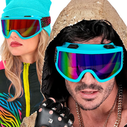 Ski Bril 80s Blauw Regenboog Luipaardprint