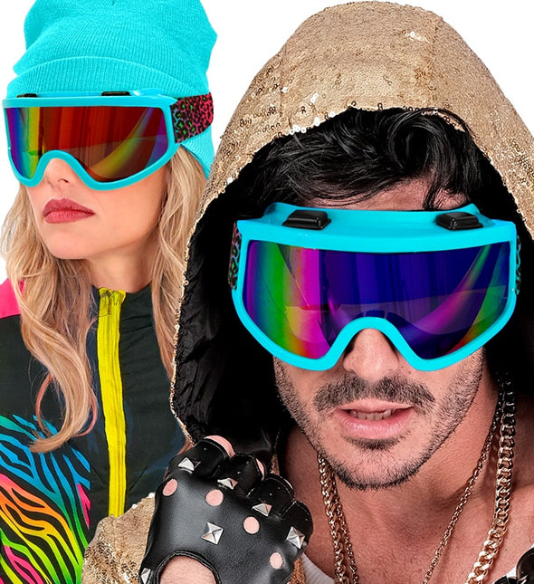 Ski Bril 80s Blauw Regenboog Luipaardprint