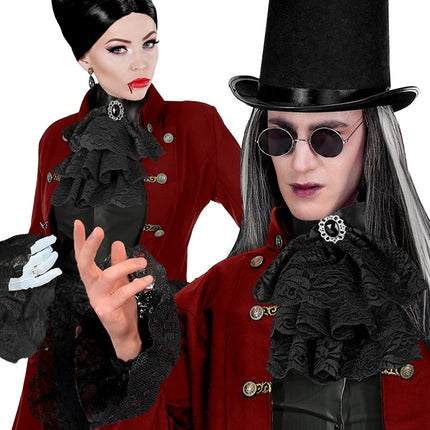 KANTEN JABOT MET EDELSTENEN EN MANCHETTEN - ZWART