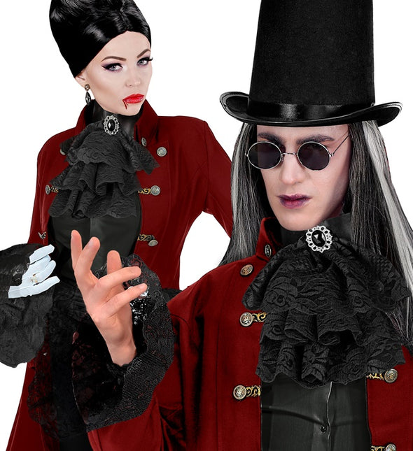 KANTEN JABOT MET EDELSTENEN EN MANCHETTEN - ZWART