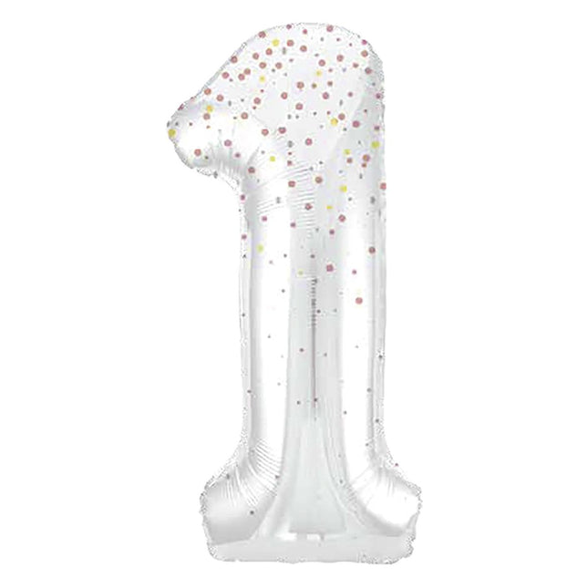 1 Jaar Cijfer Ballon Wit Stippen 86cm van Unique koop je bij Partywinkel
