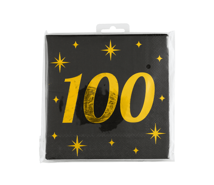 100 Jaar Servetten Zwart Goud 19cm 16st van Paper Dreams koop je bij Partywinkel
