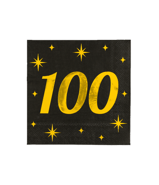 100 Jaar Servetten Zwart Goud 19cm 16st van Paper Dreams koop je bij Partywinkel