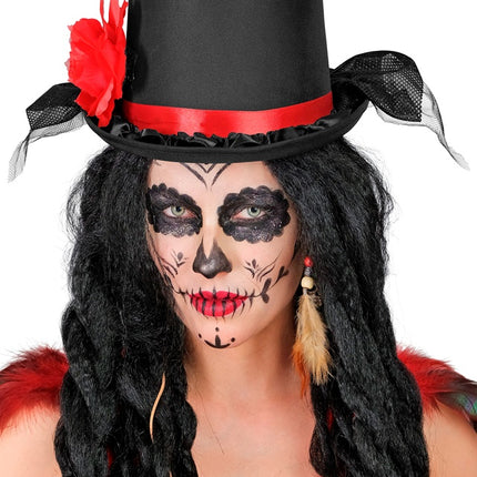 HOGE HOED ZWART MET TULE EN RODE ROOS