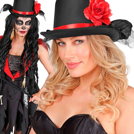 HOGE HOED ZWART MET TULE EN RODE ROOS