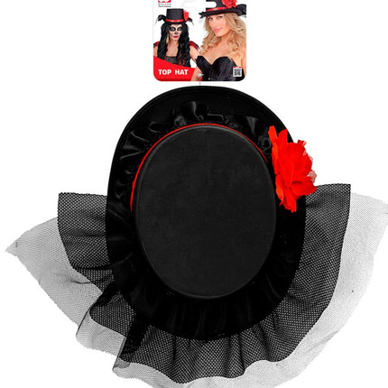 HOGE HOED ZWART MET TULE EN RODE ROOS