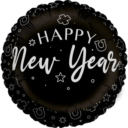 Happy New Year Helium Ballon Zwart Zilver Leeg 45cm
