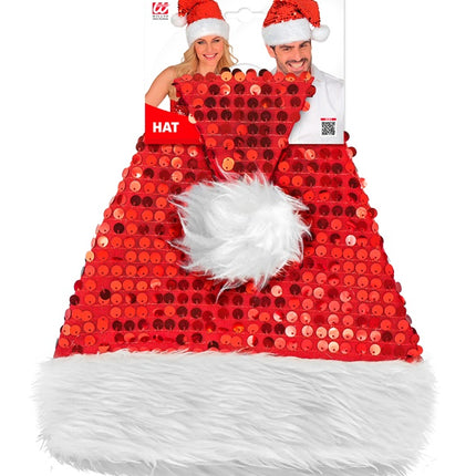 KERSTMAN MUTS PLUCHE EN PAILLETTEN ROOD