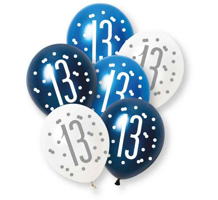 13 Jaar Ballonnen Blauw Wit 30cm 6st van Unique koop je bij Partywinkel