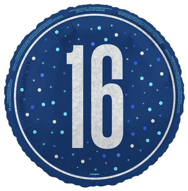16 Jaar Helium Ballon Blauw Leeg 45cm van Unique koop je bij Partywinkel