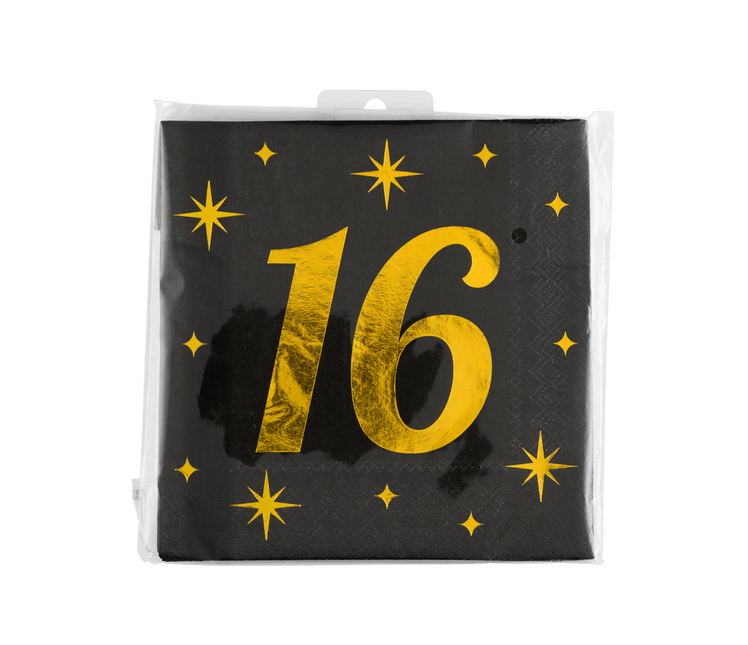 16 Jaar Servetten Zwart Goud 19cm 16st van Paper Dreams koop je bij Partywinkel