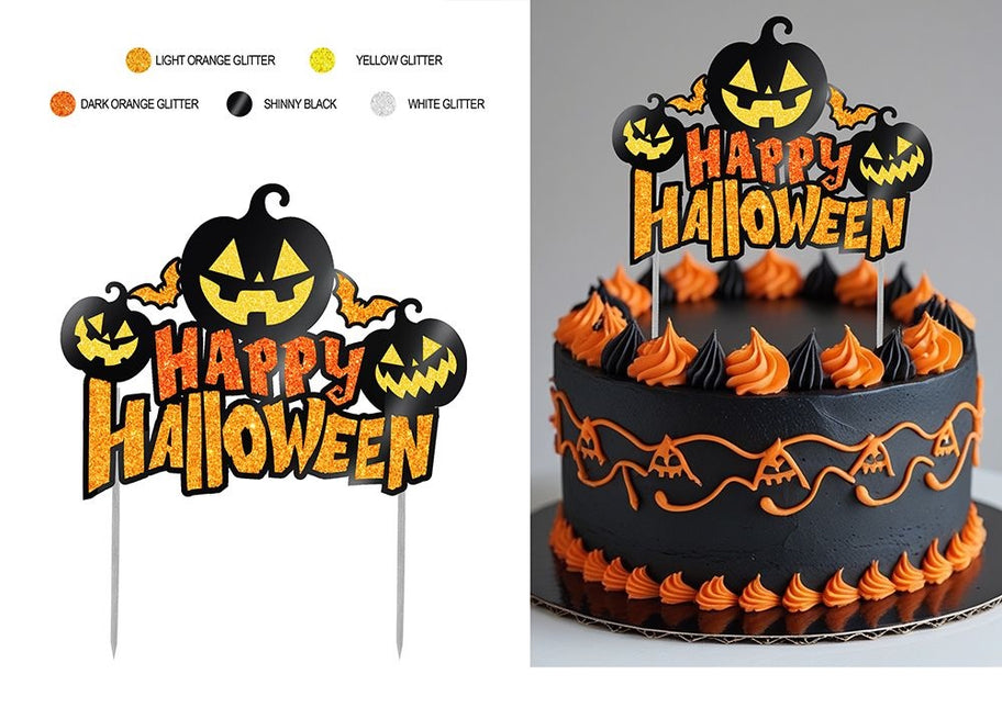 Halloween Taarttopper Zwart Oranje Glitter