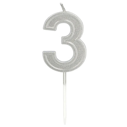 Kaarsje Elegant '3' zilver op prikker (3 x 4,2 x 0,7 cm)