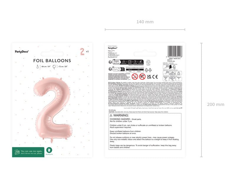 2 Jaar Cijfer Ballon Lichtroze Leeg 72cm van Partydeco koop je bij Partywinkel