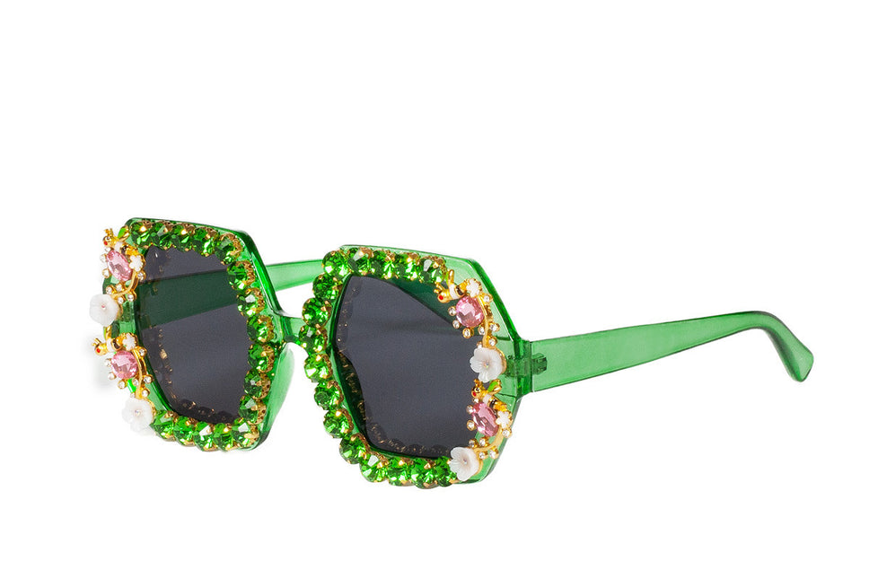 Groene Bril Strass Bloemetjes