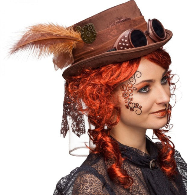 Bruine Steampunk Hoed met bril