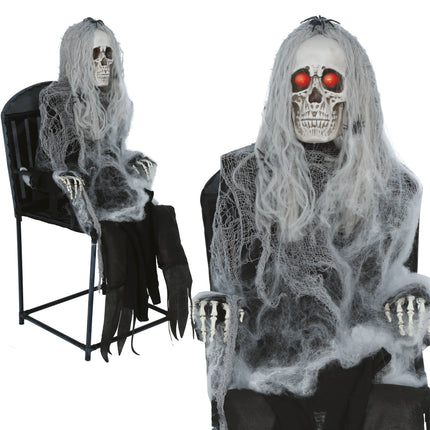 Halloween Skelet Op Stoel Met Licht, Geluid En Beweging 1,05m