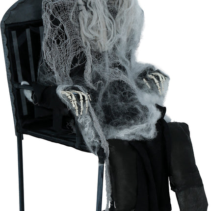Halloween Skelet Op Stoel Met Licht, Geluid En Beweging 1,05m