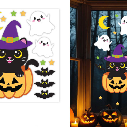 Halloween Raamdecoratie Kat Met Pompoen 50cm
