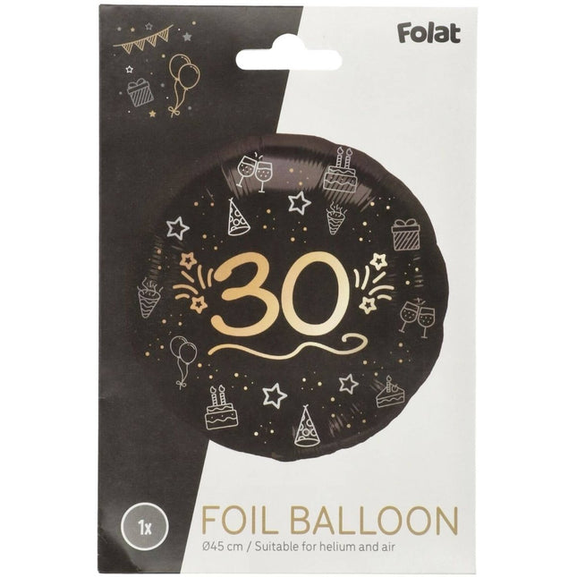 30 Jaar Helium Ballon Zwart Goud Leeg 45cm van Folat koop je bij Partywinkel