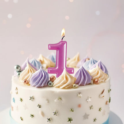 Roze Kaars 1 Jaar Metallic 8cm