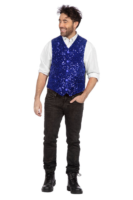 Blauwe Gilet Heren Pailletten Glitter