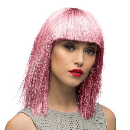 Pruik Crazy roze (zilver tinsel)