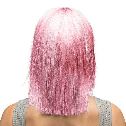Pruik Crazy roze (zilver tinsel)