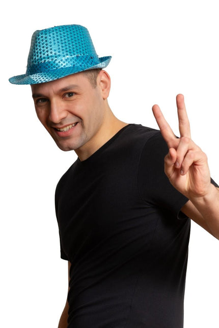 Pailletten Hoedje Turquoise met licht incl Batterijen