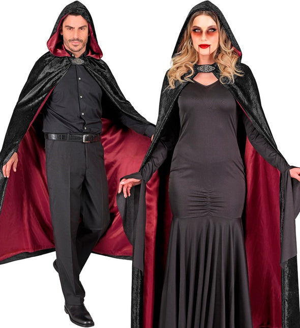 Cape met Kap Zwart Rood Fluweel Met rode Binnenvoering 140cm