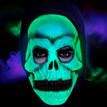MASKER SCHEDEL MET KAP - LATEX GLOW IN THE DARK