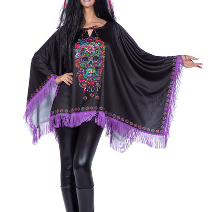 Dia De Los Muertos Poncho Zwart Paars