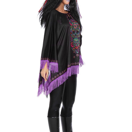 Dia De Los Muertos Poncho Zwart Paars
