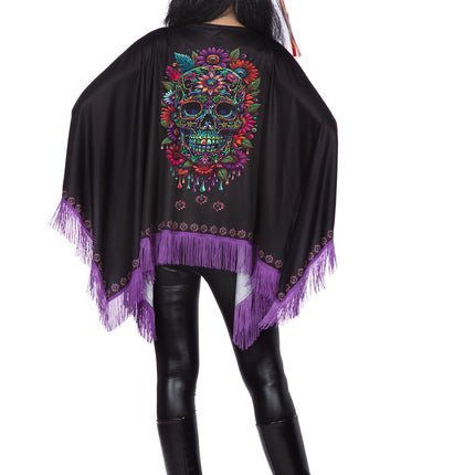 Dia De Los Muertos Poncho Zwart Paars