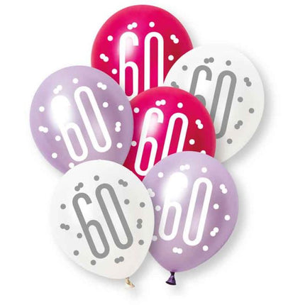 60 Jaar Ballonnen Paars Roze 30cm 6st van Unique koop je bij Partywinkel