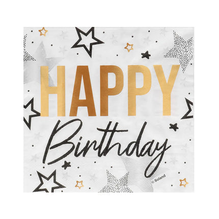 Happy Birthday Servetten Goud Zilver Sterren 33cm 20st