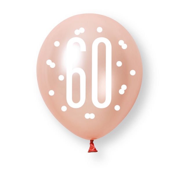 6ct Glitz Rose Gold Number 60 Assorted Platinum & Pearl Premium 30cm Latex Balloons van Unique koop je bij Partywinkel