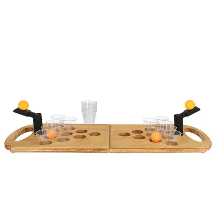 Set drankspel Shot pong (opvouwbaar houten spelbord, 2 shooters, 4 balletjes, 12 shotglaasjes)