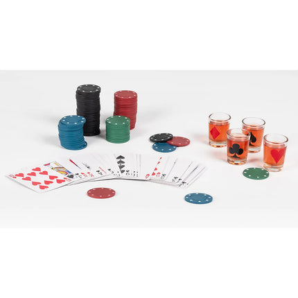 Set drankspel drinking poker (120 poker chips, 1 set spelkaarten, 4 glazen shotglaasjes)