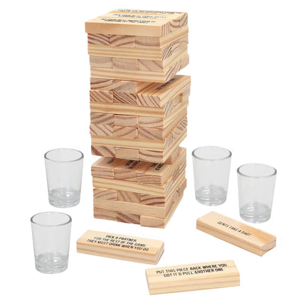 Set drankspel Drinking tower (4 glazen shotglaasjes, 54 houten blokken)