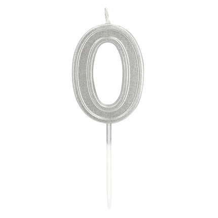 Kaarsje Elegant '0' zilver op prikker (3 x 4,2 x 0,7 cm)