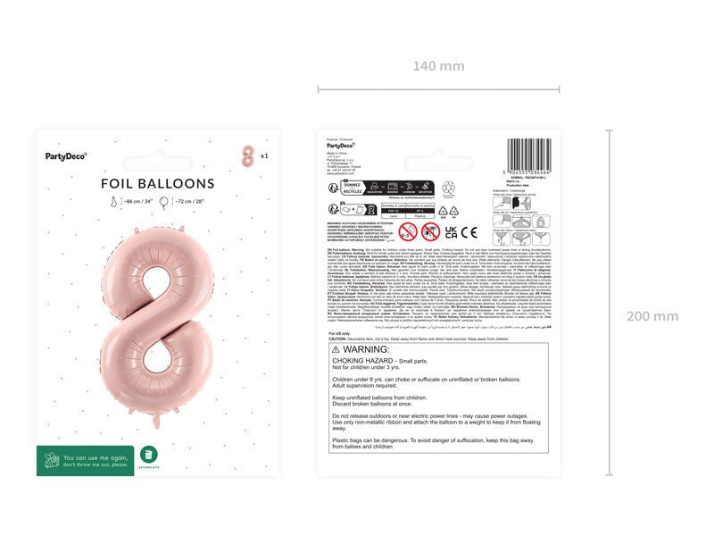 8 Jaar Cijfer Ballon Lichtroze Leeg 72cm van Partydeco koop je bij Partywinkel