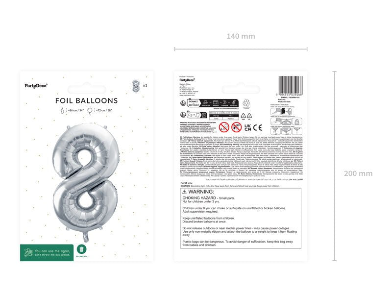 8 Jaar Cijfer Ballon Zilver Leeg 72cm van Partydeco koop je bij Partywinkel