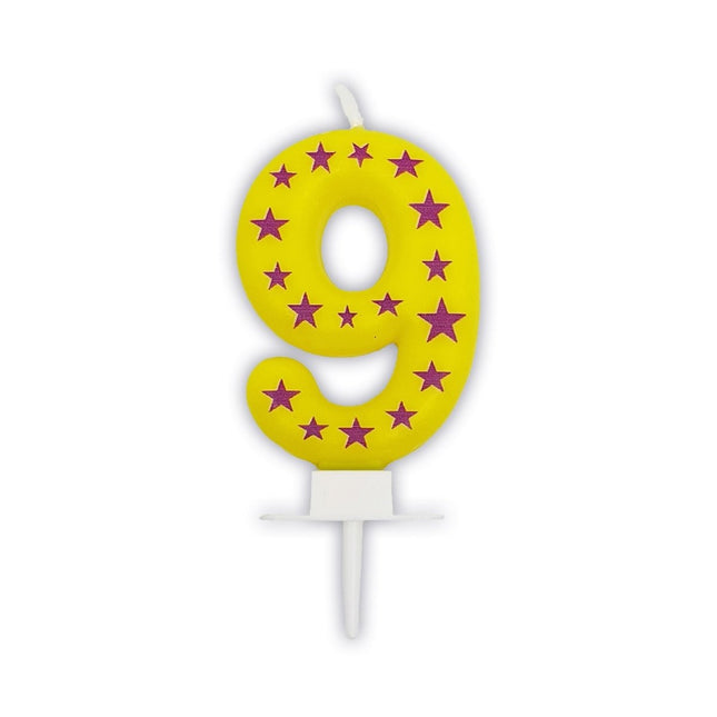 9 Jaar Kaars Geel Met Sterren van Procos koop je bij Partywinkel