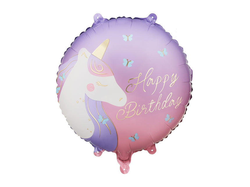 Folieballon rond Happy Birthday met eenhoorn, 35x35 cm, mix