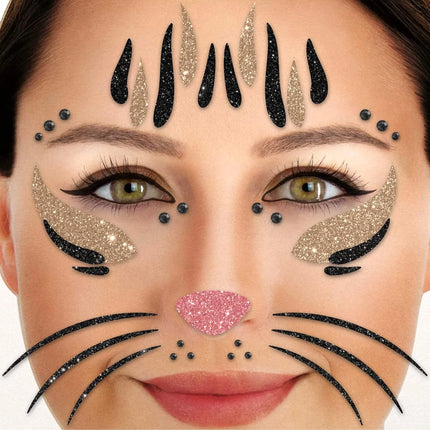 Goud Zwarte Nep Tattoos Gezicht Glitter Kat